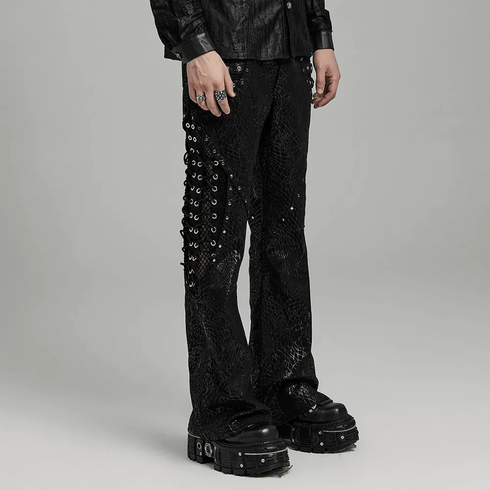 Gothic  Lace-up Black Twill Flare Pants for Men