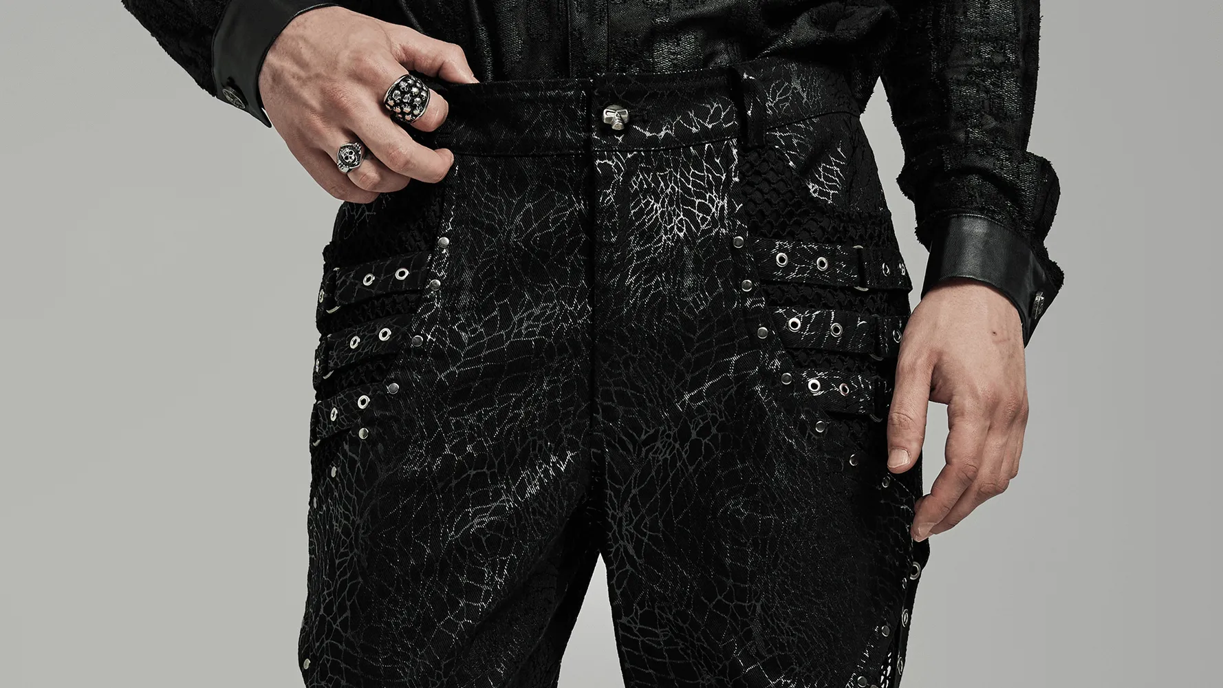 Gothic  Lace-up Black Twill Flare Pants for Men