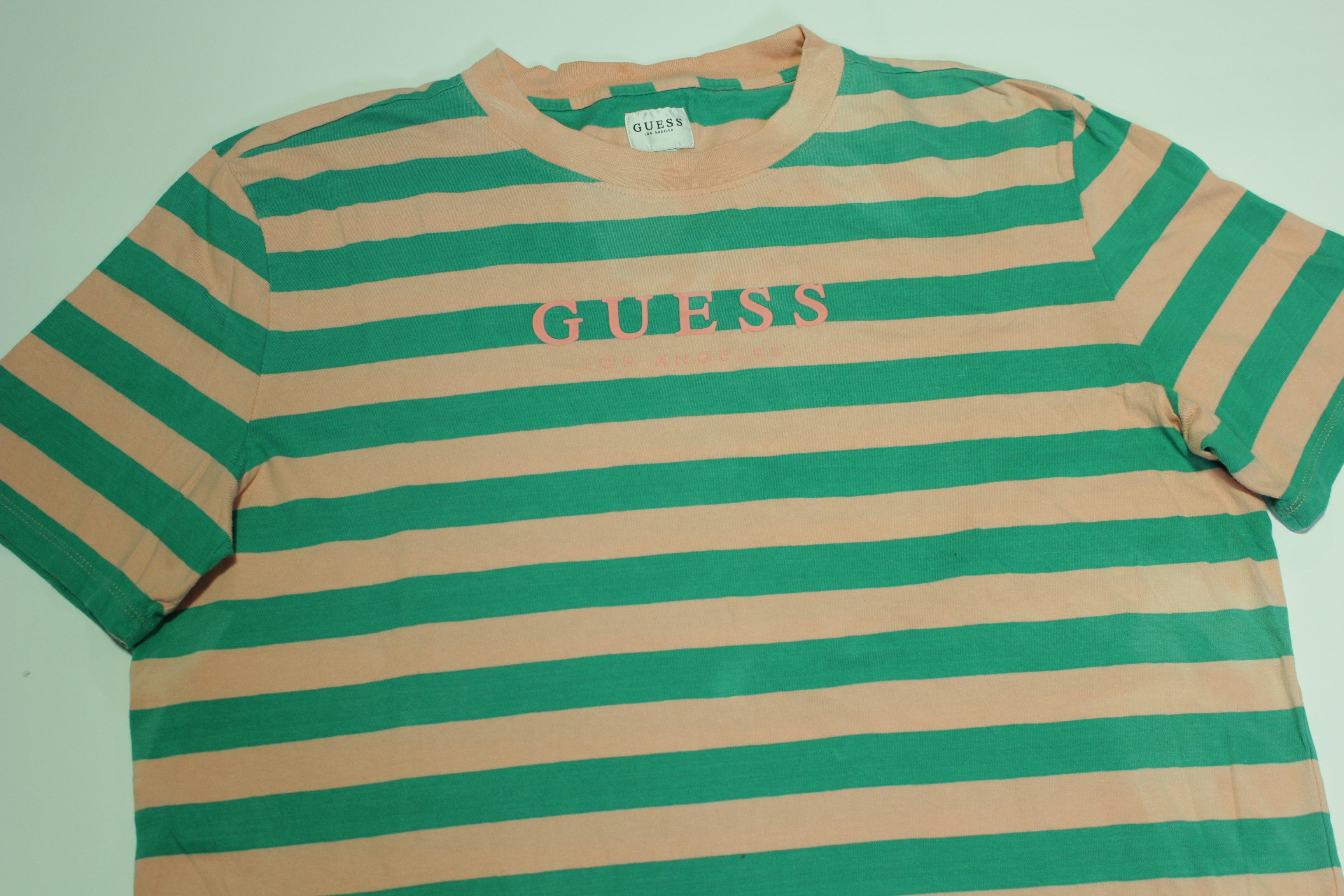 Guess Los Angeles Pink Green Striped Short Sleeved T-Shirt