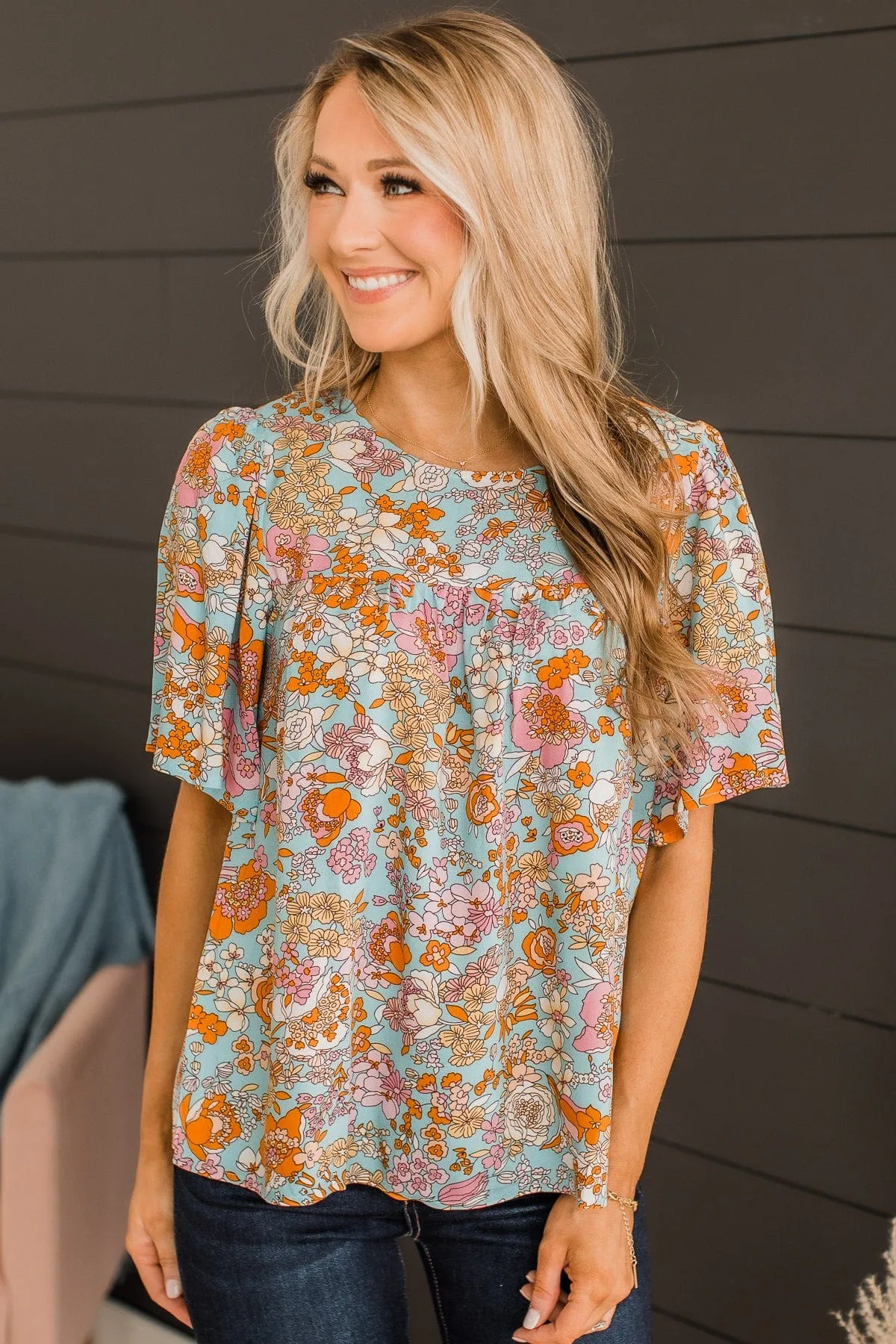 Home Grown Beauty Floral Blouse- Light Blue