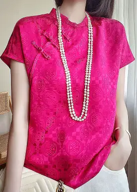 Italian Rose Button Print Silk T Shirts Short Sleeve QA1046