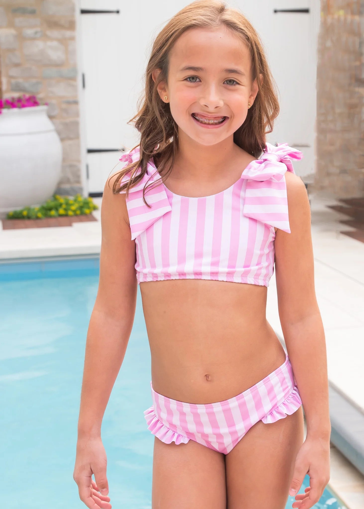 James & Lottie - Pink Stripe Lucille Bow Two Piece Swim