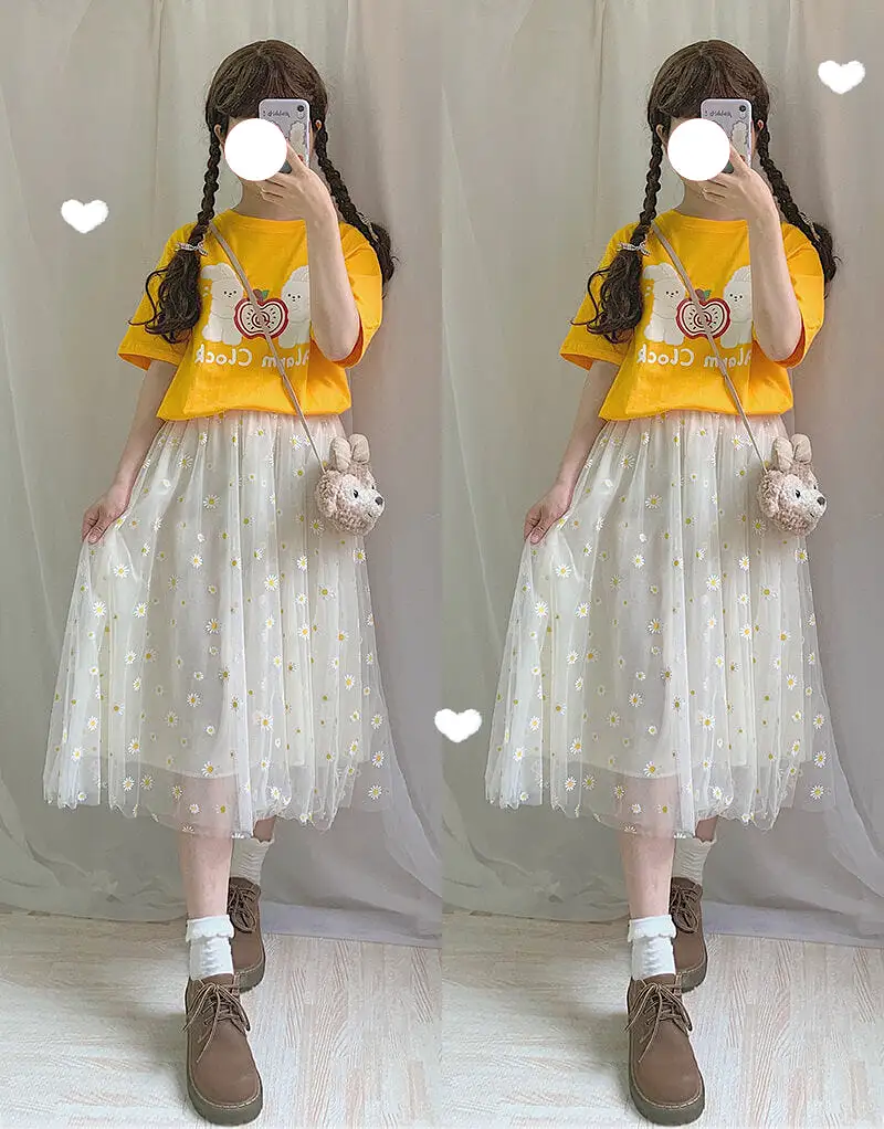 JAPANESE SWEET DAISY HIGH WAIST MESH SKIRT BY77766