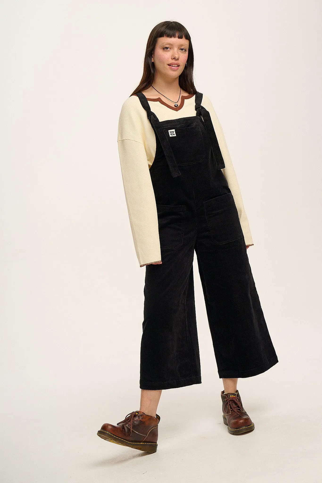 Jenny - Wide Leg Corduroy Dungaree in Black