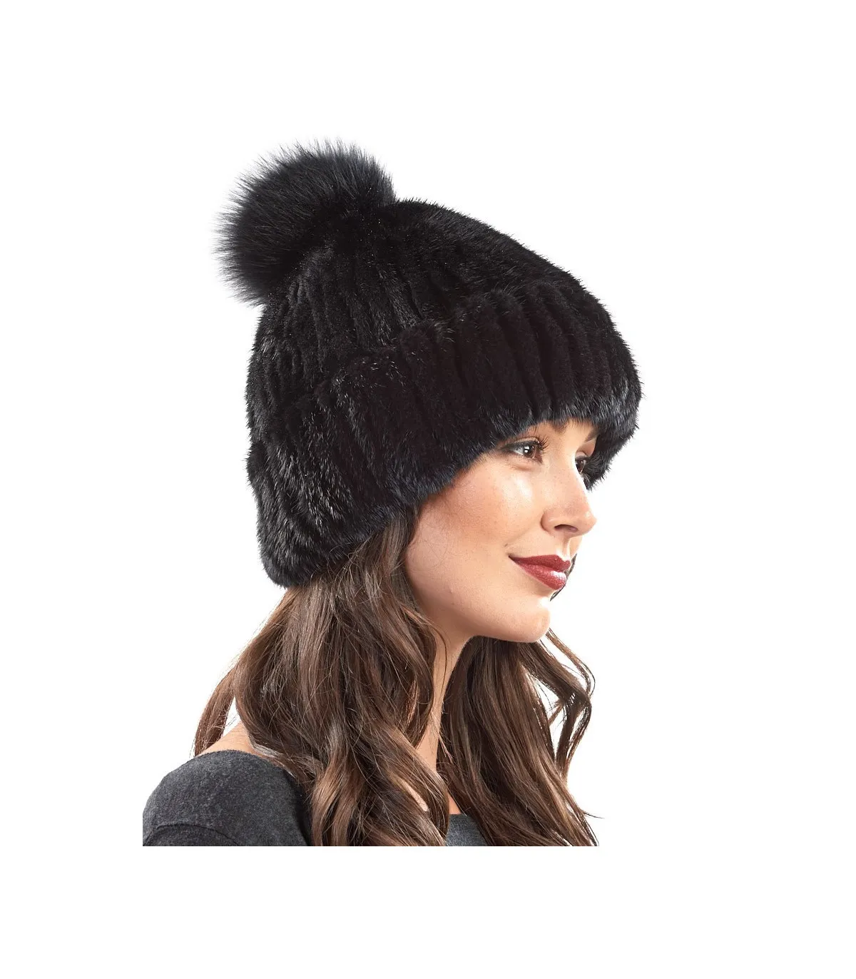 Mink Cuffed Beanie Hat With Fox Pom Pom in Black: FurHatWorld.com