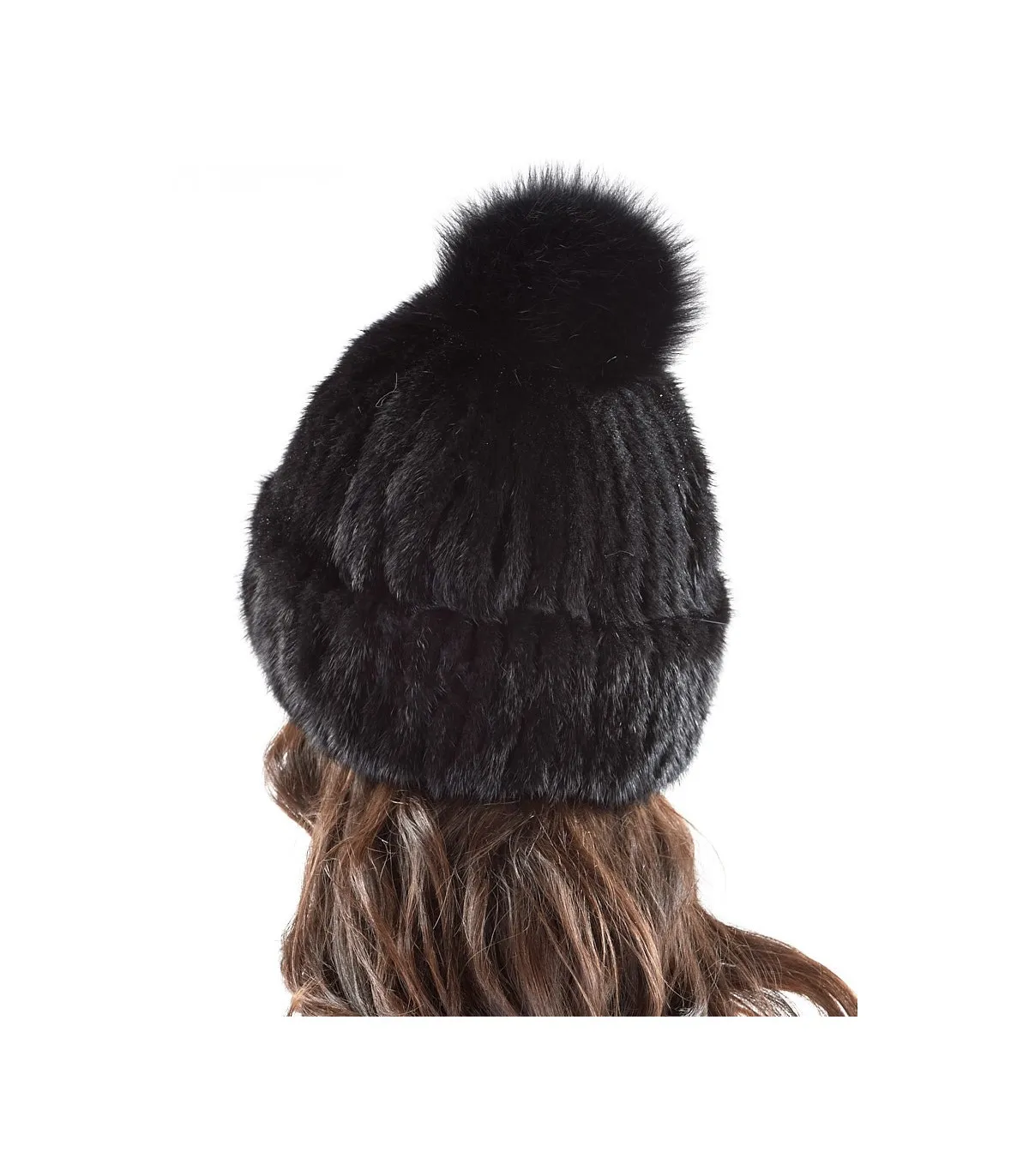 Mink Cuffed Beanie Hat With Fox Pom Pom in Black: FurHatWorld.com