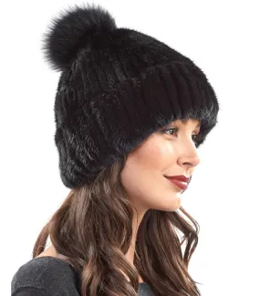 Mink Cuffed Beanie Hat With Fox Pom Pom in Black: FurHatWorld.com