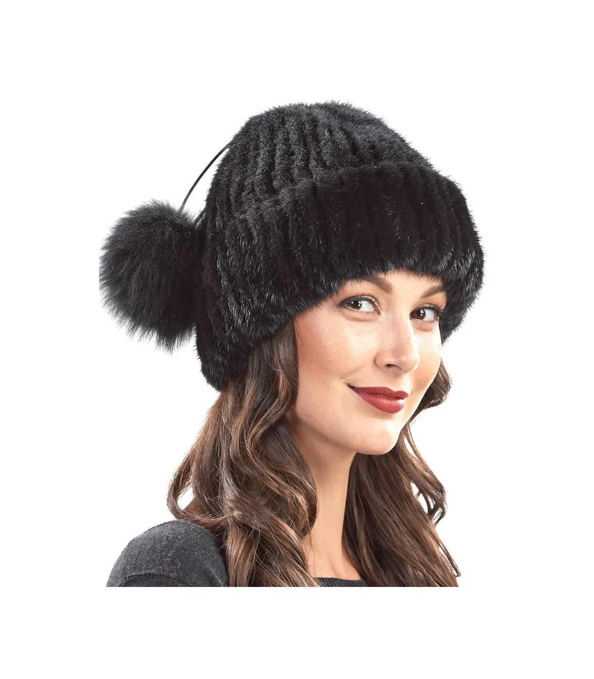 Mink Cuffed Beanie Hat With Fox Pom Pom in Black: FurHatWorld.com