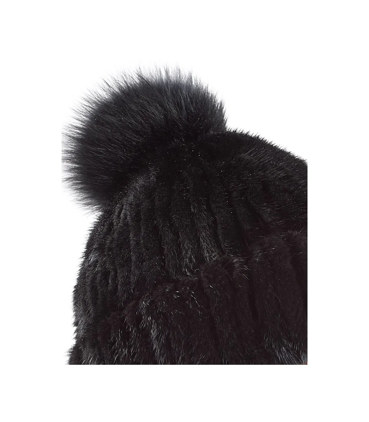 Mink Cuffed Beanie Hat With Fox Pom Pom in Black: FurHatWorld.com