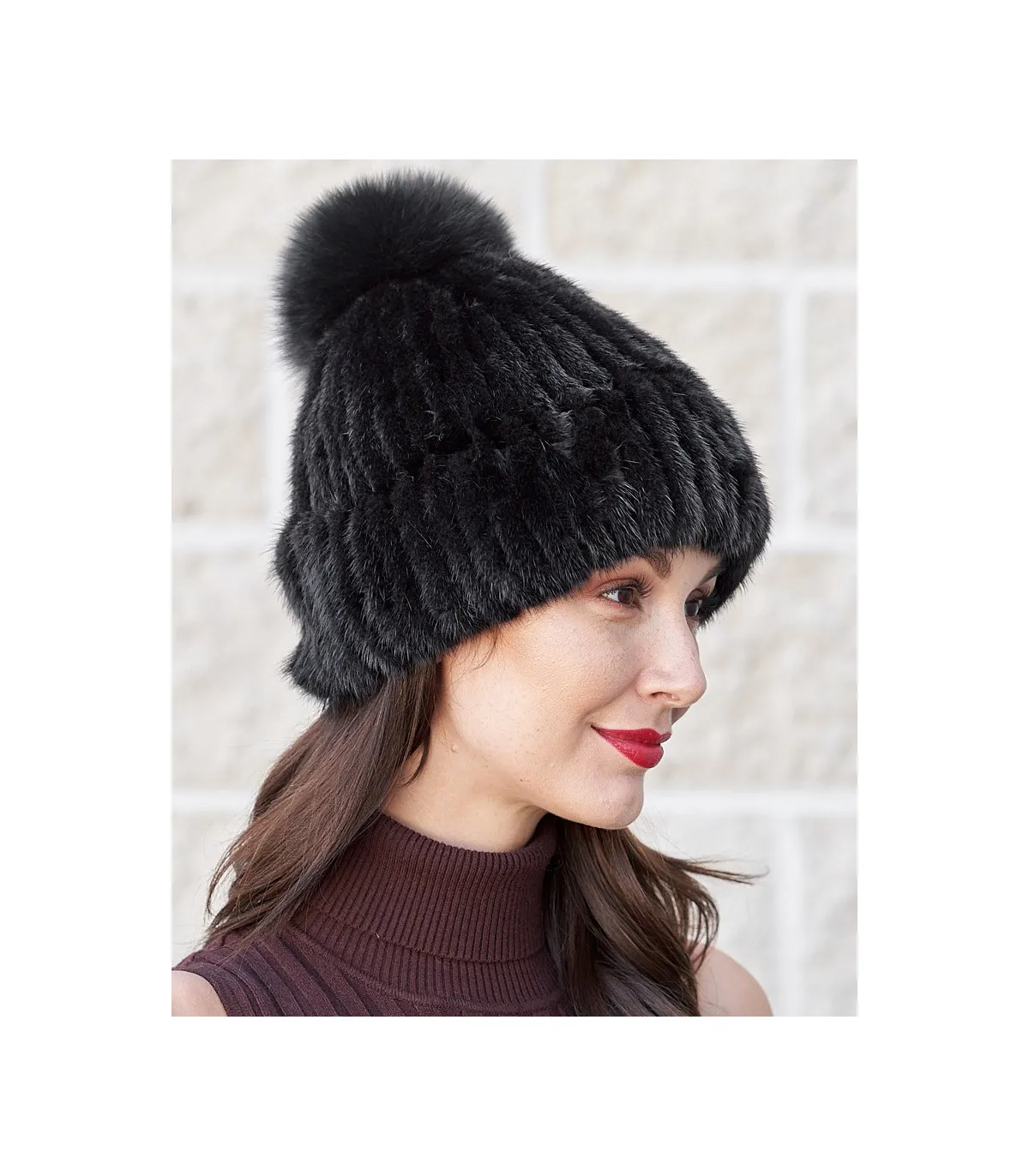 Mink Cuffed Beanie Hat With Fox Pom Pom in Black: FurHatWorld.com