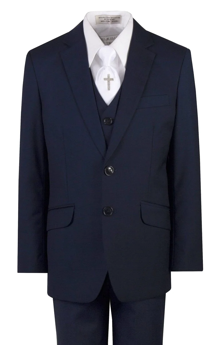 Navy Blue Slim Fit Communion Suit Religious Cross Neck Tie Boys Youth Sizes