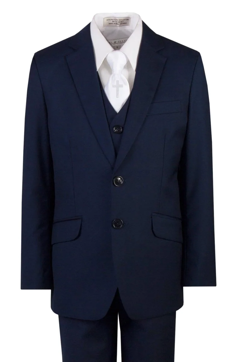 Navy Blue Slim Fit Communion Suit Religious Cross Neck Tie Boys Youth Sizes