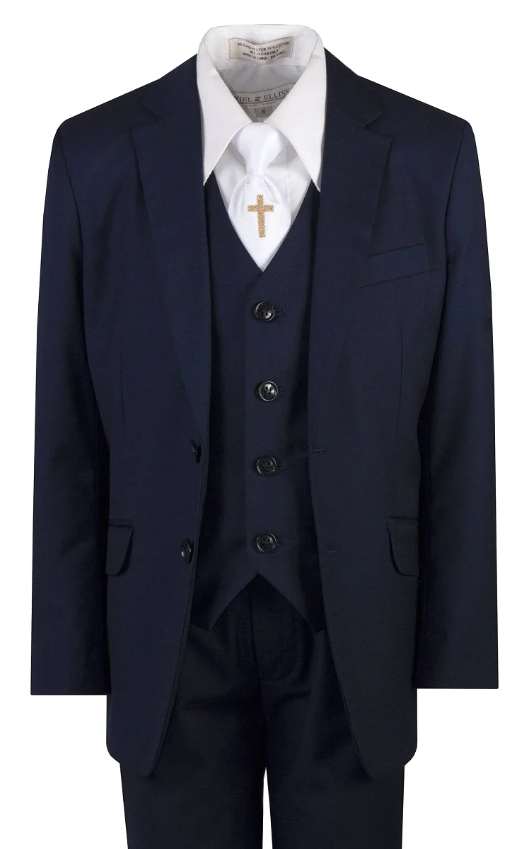 Navy Blue Slim Fit Communion Suit Religious Cross Neck Tie Boys Youth Sizes