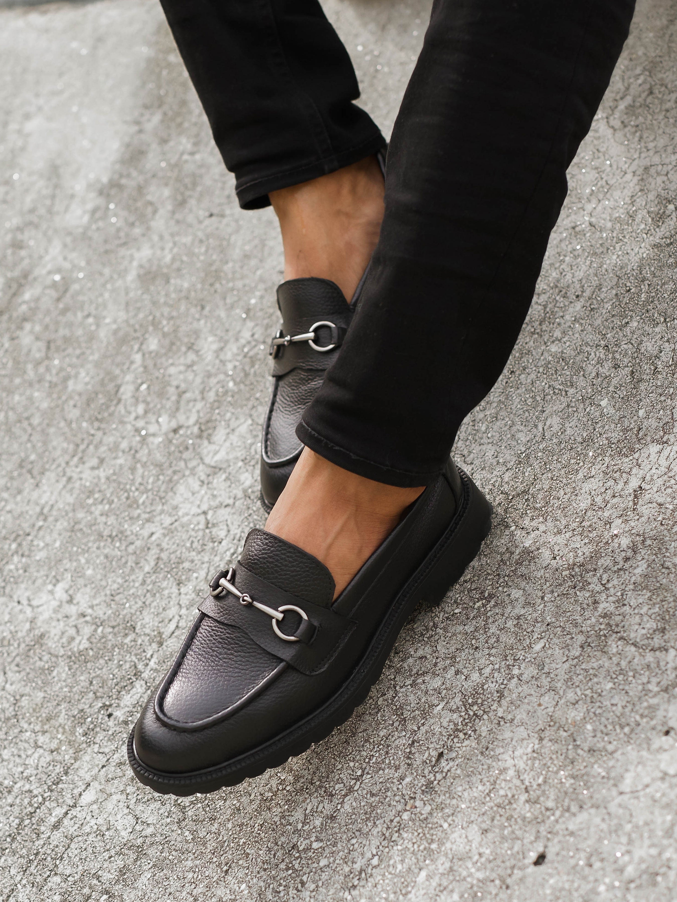 Penny Loafer Horsebit Buckle - Black Pebble Grain Leather (Combat Sole)