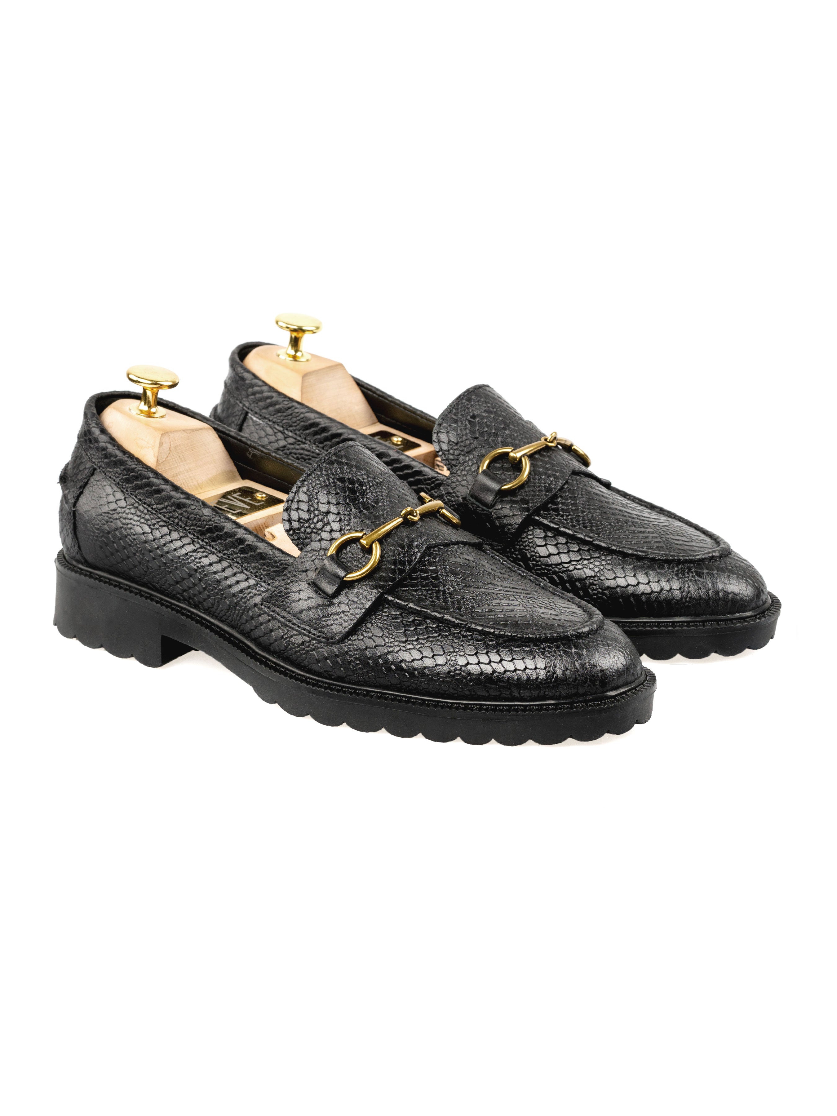 Penny Loafer Horsebit Buckle - Black Phyton Leather (Combat Sole)