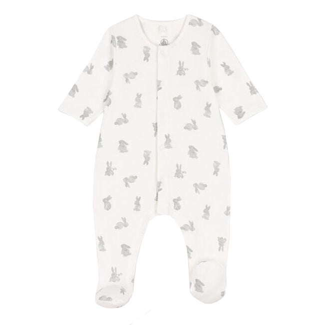 Petit Bateau Baby Front Snap Bunny Print Footie - Grey