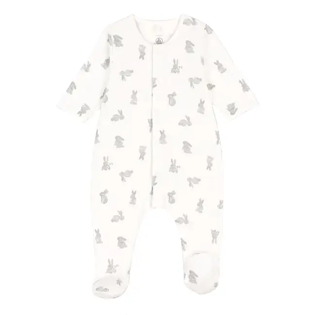 Petit Bateau Baby Front Snap Bunny Print Footie - Grey