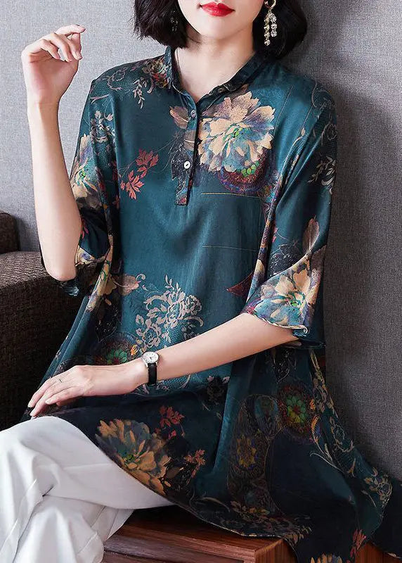 Plus Size Green Asymmetrical Print Silk Shirt Summer HA1031