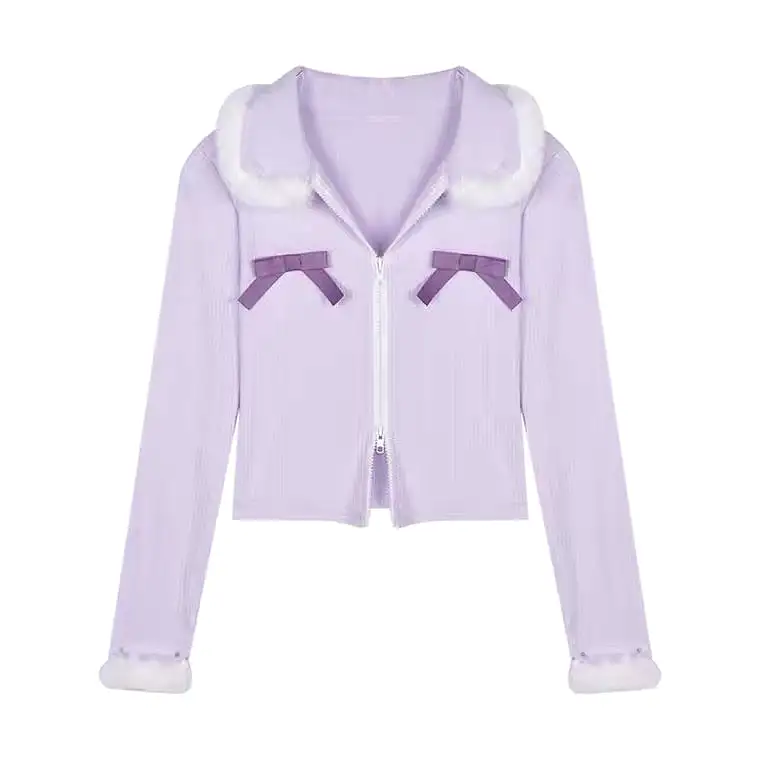 Plush short light purple long sleeved cardigan by5012