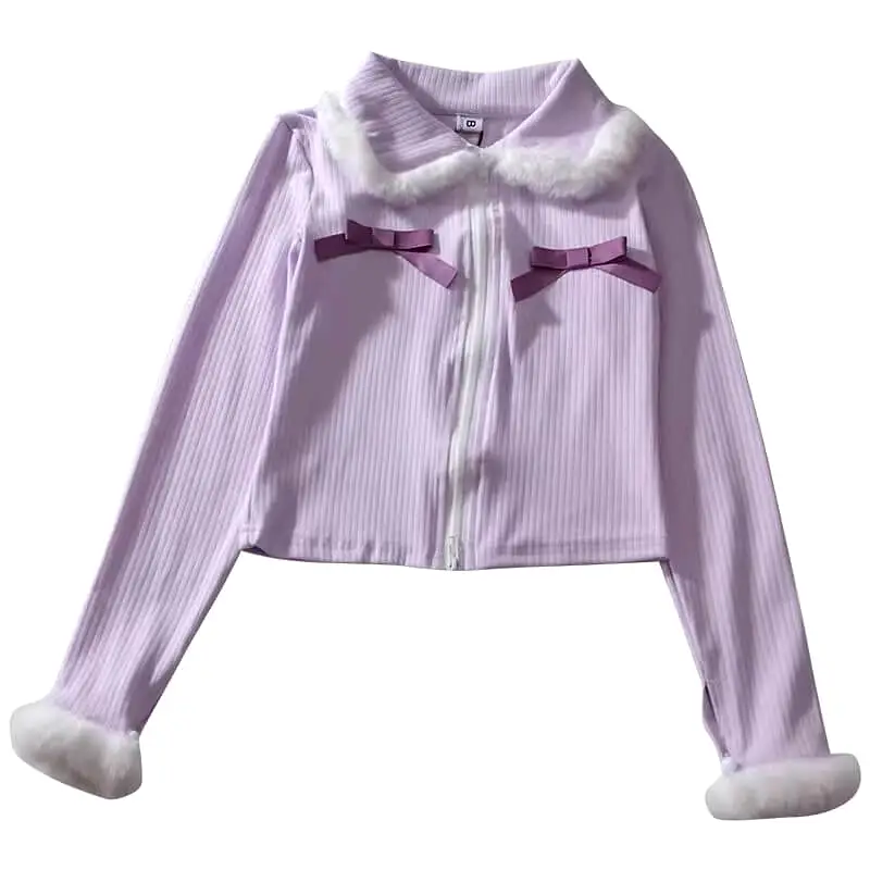 Plush short light purple long sleeved cardigan by5012