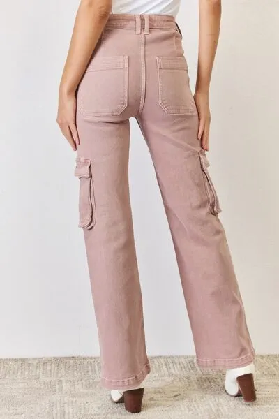 RISEN High Rise Cargo Wide Leg Jeans in Mauve