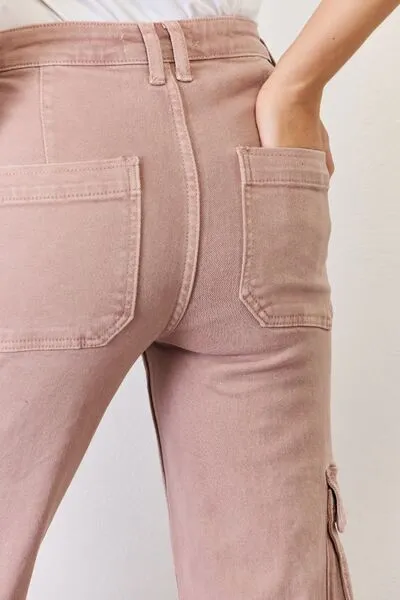 RISEN High Rise Cargo Wide Leg Jeans in Mauve