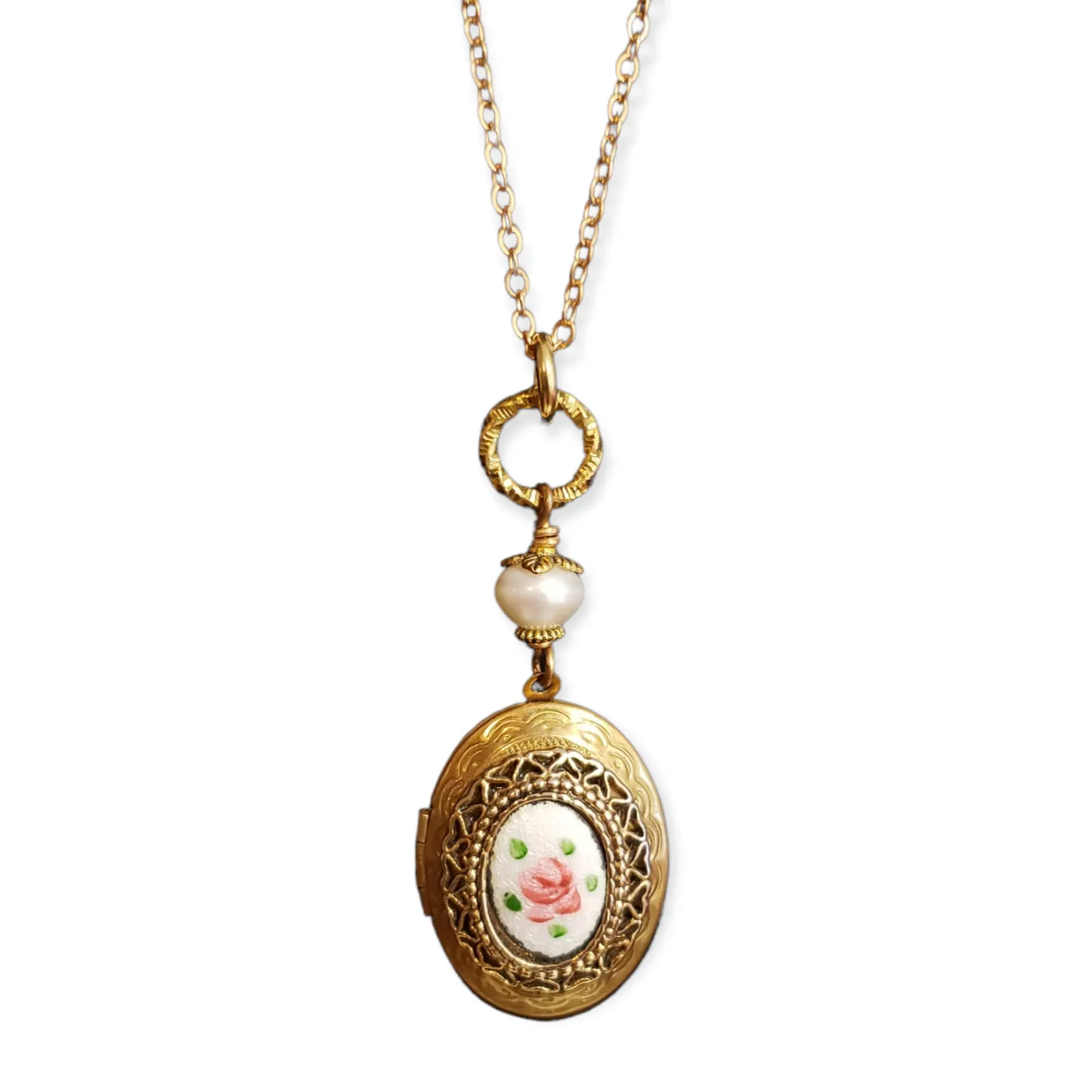 Small Vintage Oval Locket Necklace - White Pearl