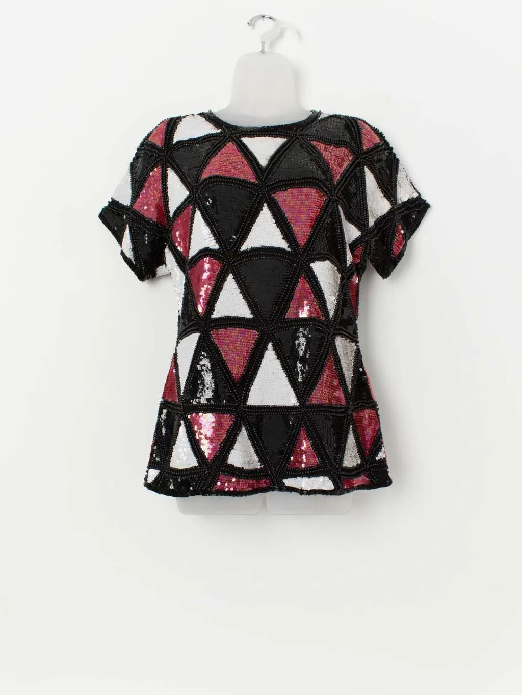 Vintage black sequin top with red and white triangle pattern – Small / Medium