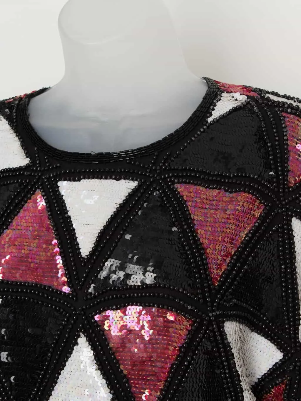 Vintage black sequin top with red and white triangle pattern – Small / Medium