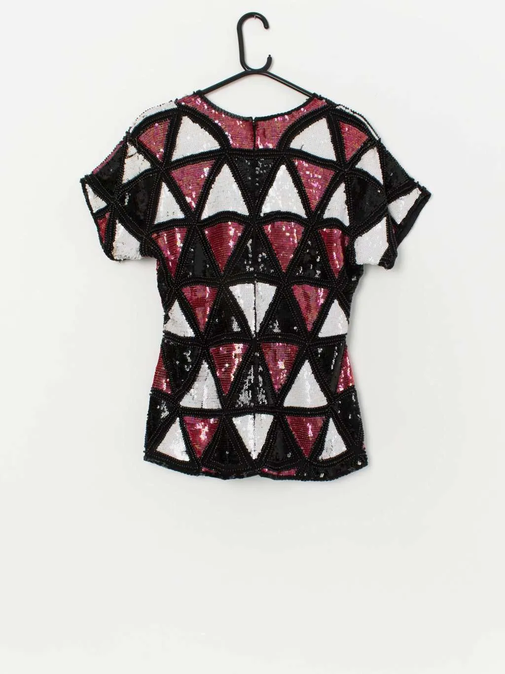 Vintage black sequin top with red and white triangle pattern – Small / Medium