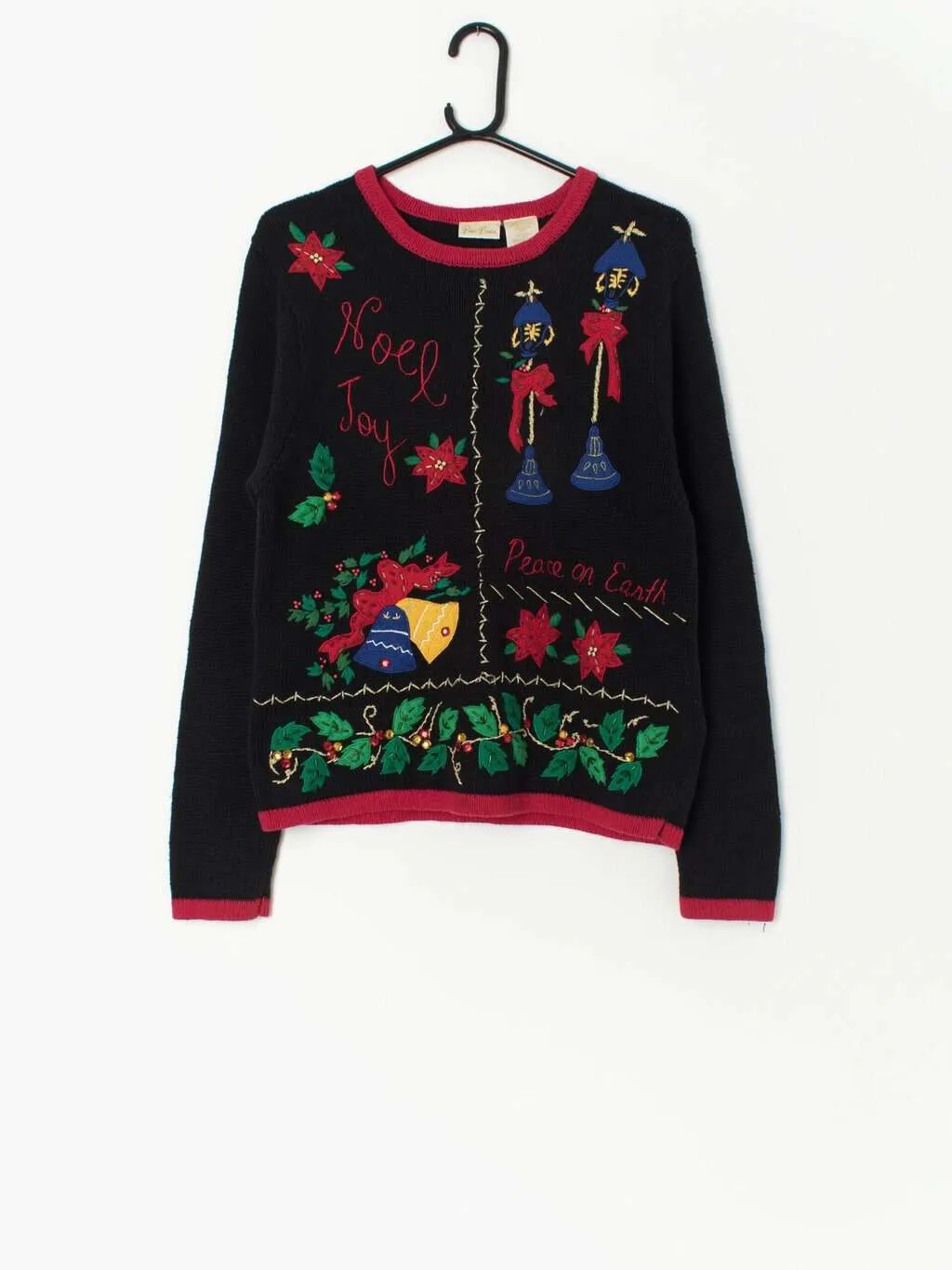 Vintage Christmas applique knitted jumper with bells and poinsettias – Small