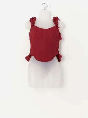 Vintage medieval bodice with bow and ribbon details in deep red – Small