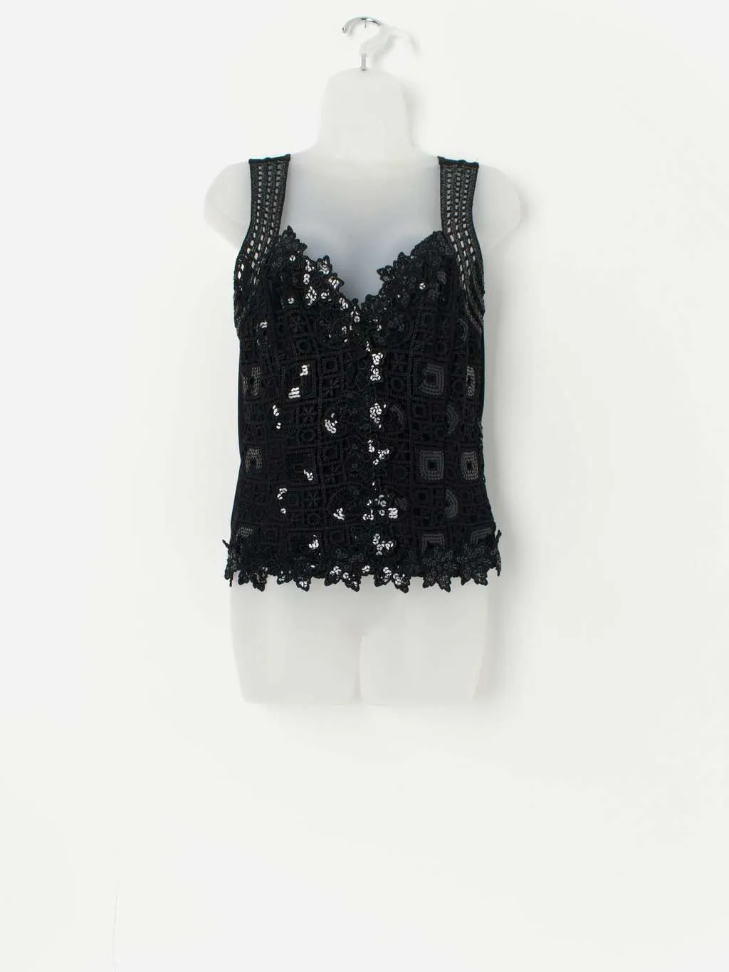 Vintage Sagaie Paris black sequin top with floral crochet design – Small / Medium