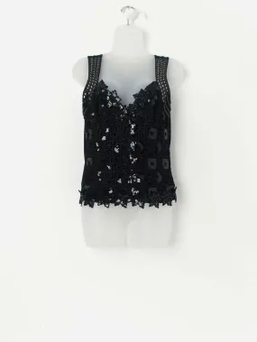 Vintage Sagaie Paris black sequin top with floral crochet design – Small / Medium