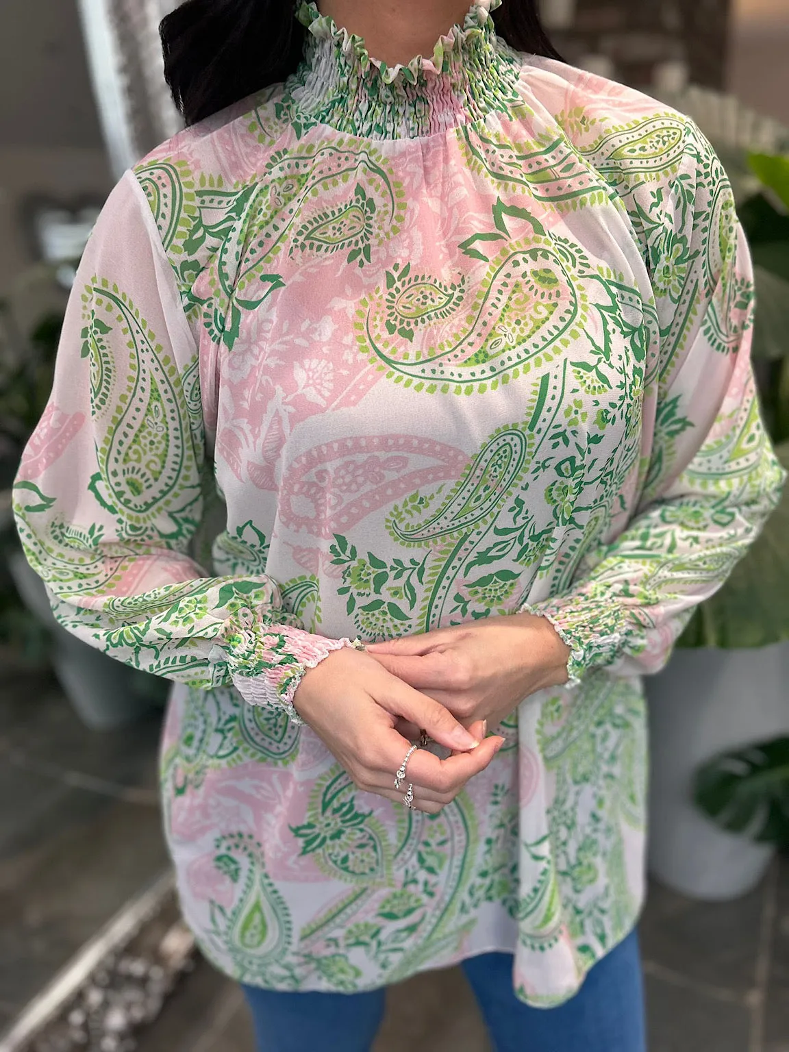 White Paisley High Neck Blouse June