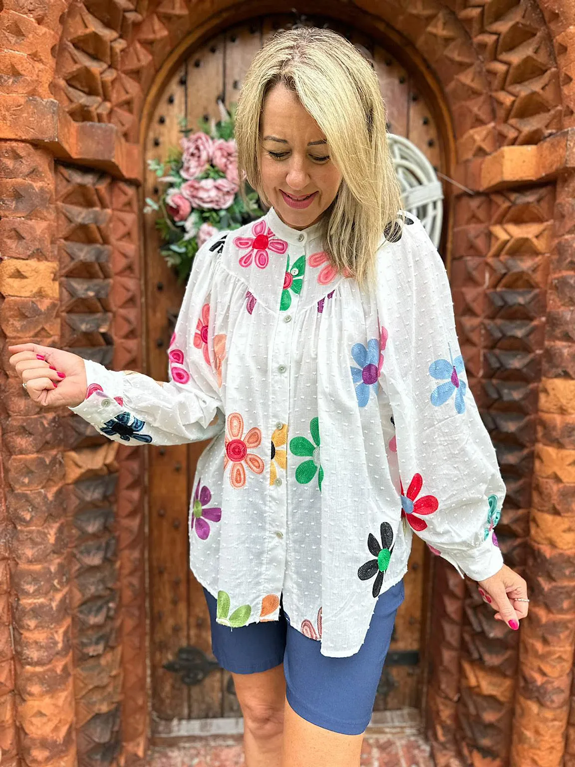 White Vibrant Embroidered Flower Blouse Hattie