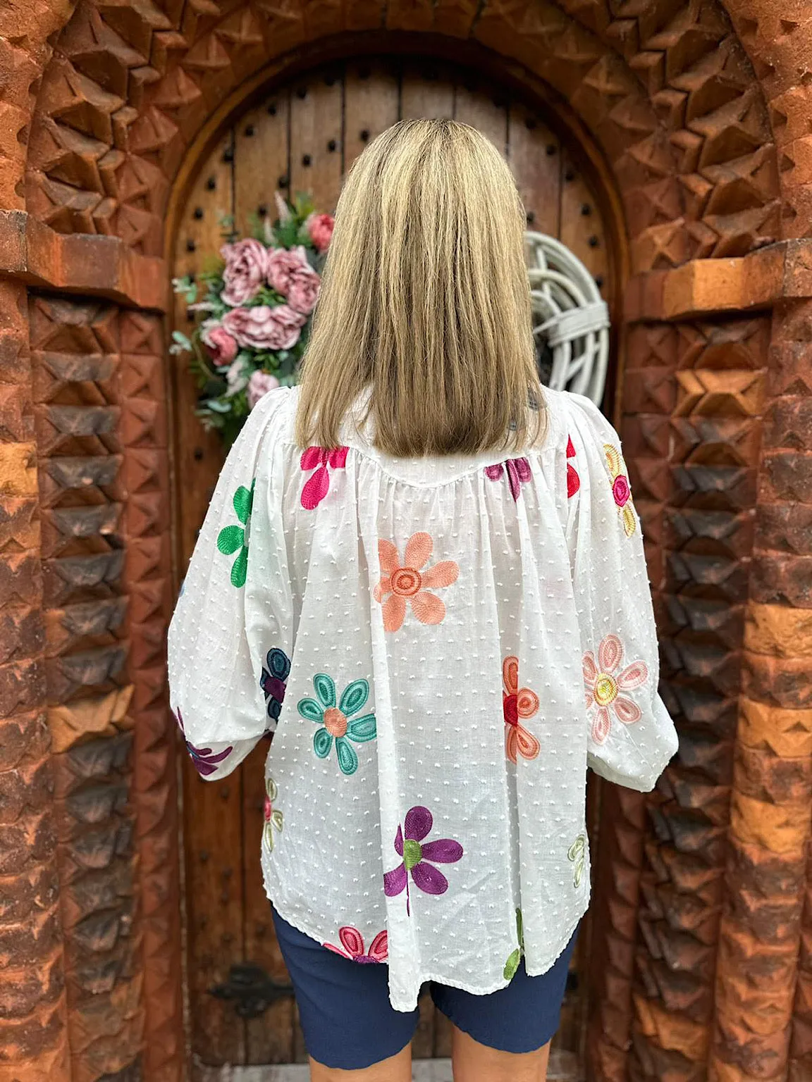 White Vibrant Embroidered Flower Blouse Hattie