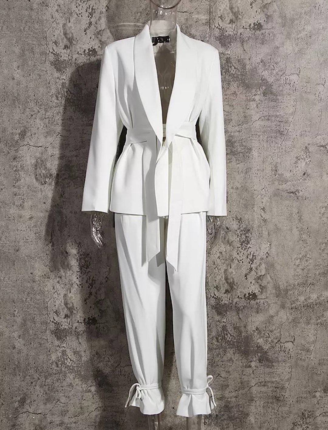 White Wide Leg Trousers And Jacket Set