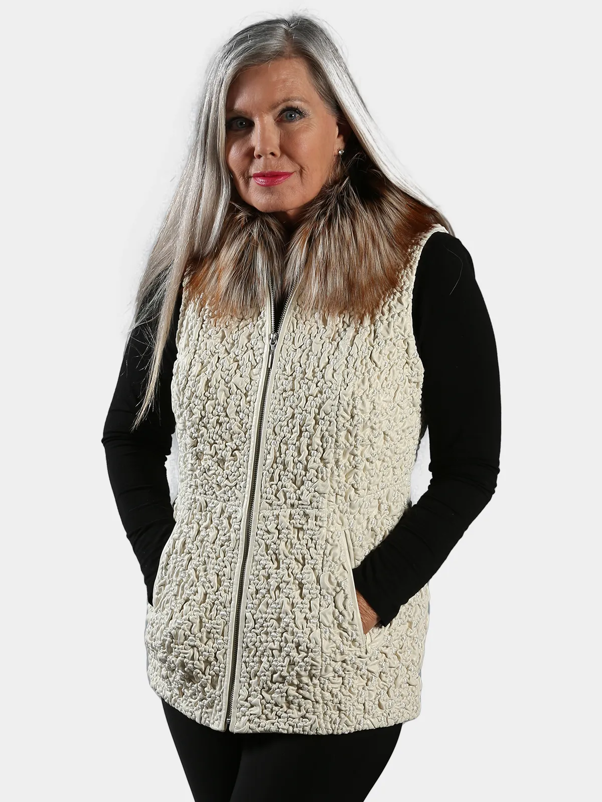 Woman's Ice Bubble Stretch Leather Vest with Brown and Black Fox Collar - Day Furs