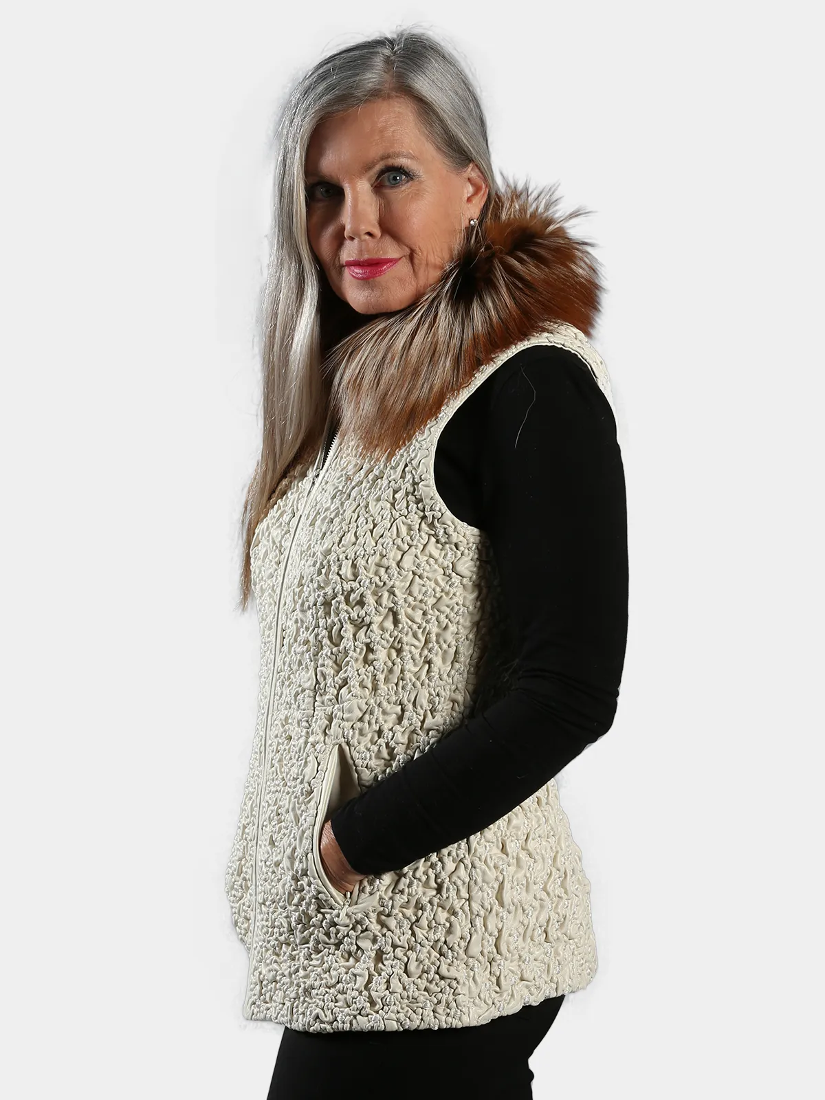 Woman's Ice Bubble Stretch Leather Vest with Brown and Black Fox Collar - Day Furs