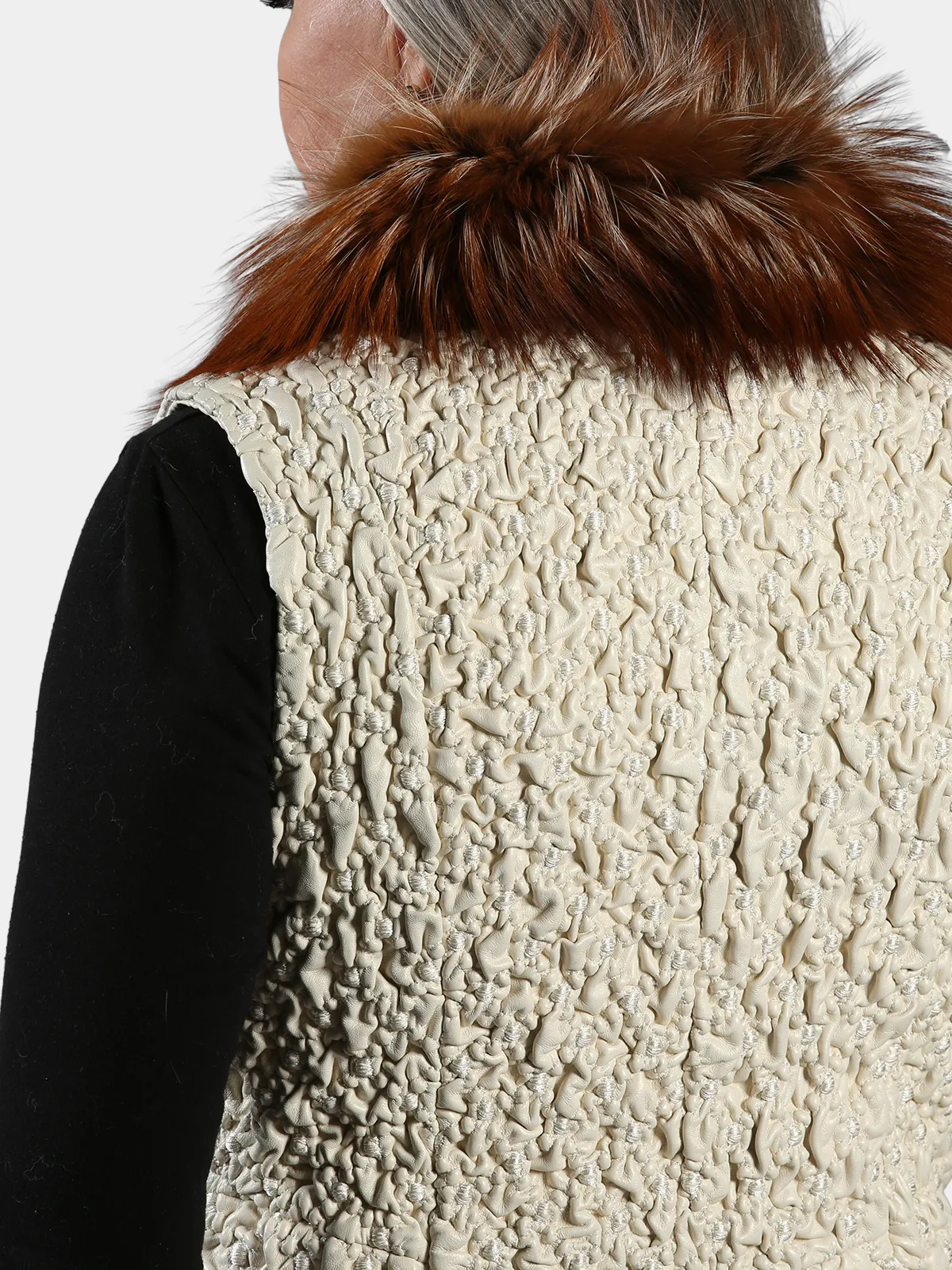 Woman's Ice Bubble Stretch Leather Vest with Brown and Black Fox Collar - Day Furs