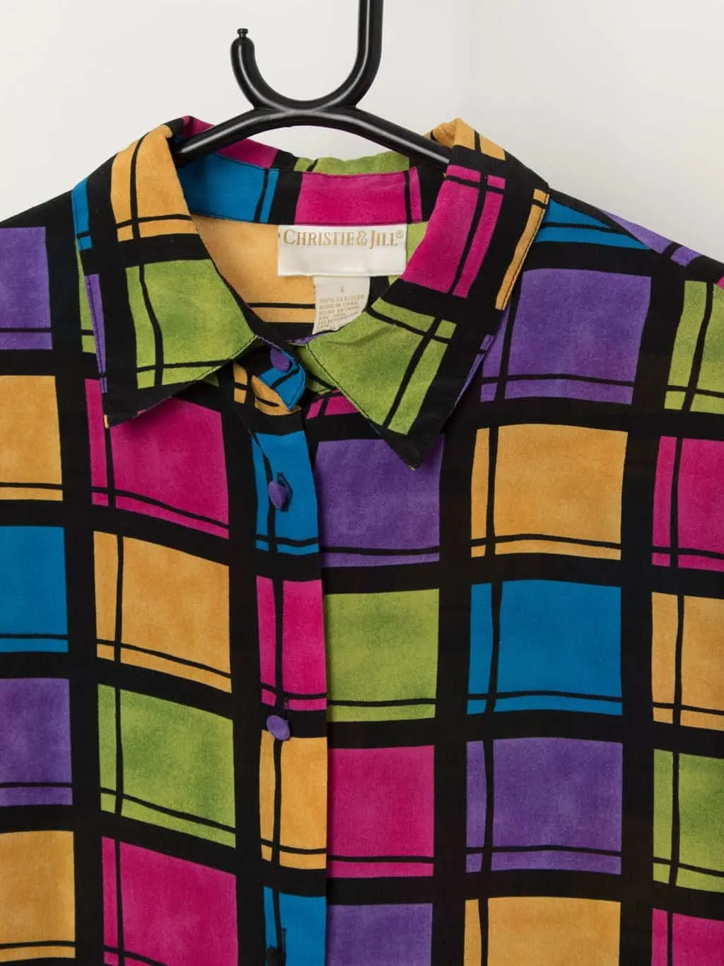 Women’s vintage silk shirt with bright square pattern – Small / Medium