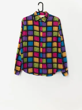 Women’s vintage silk shirt with bright square pattern – Small / Medium