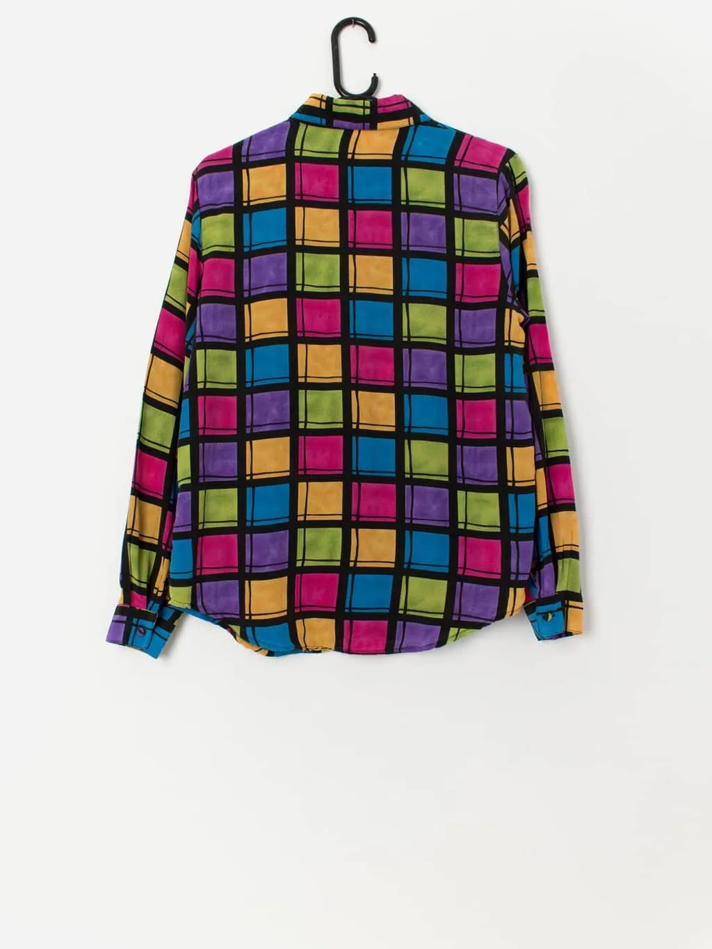 Women’s vintage silk shirt with bright square pattern – Small / Medium