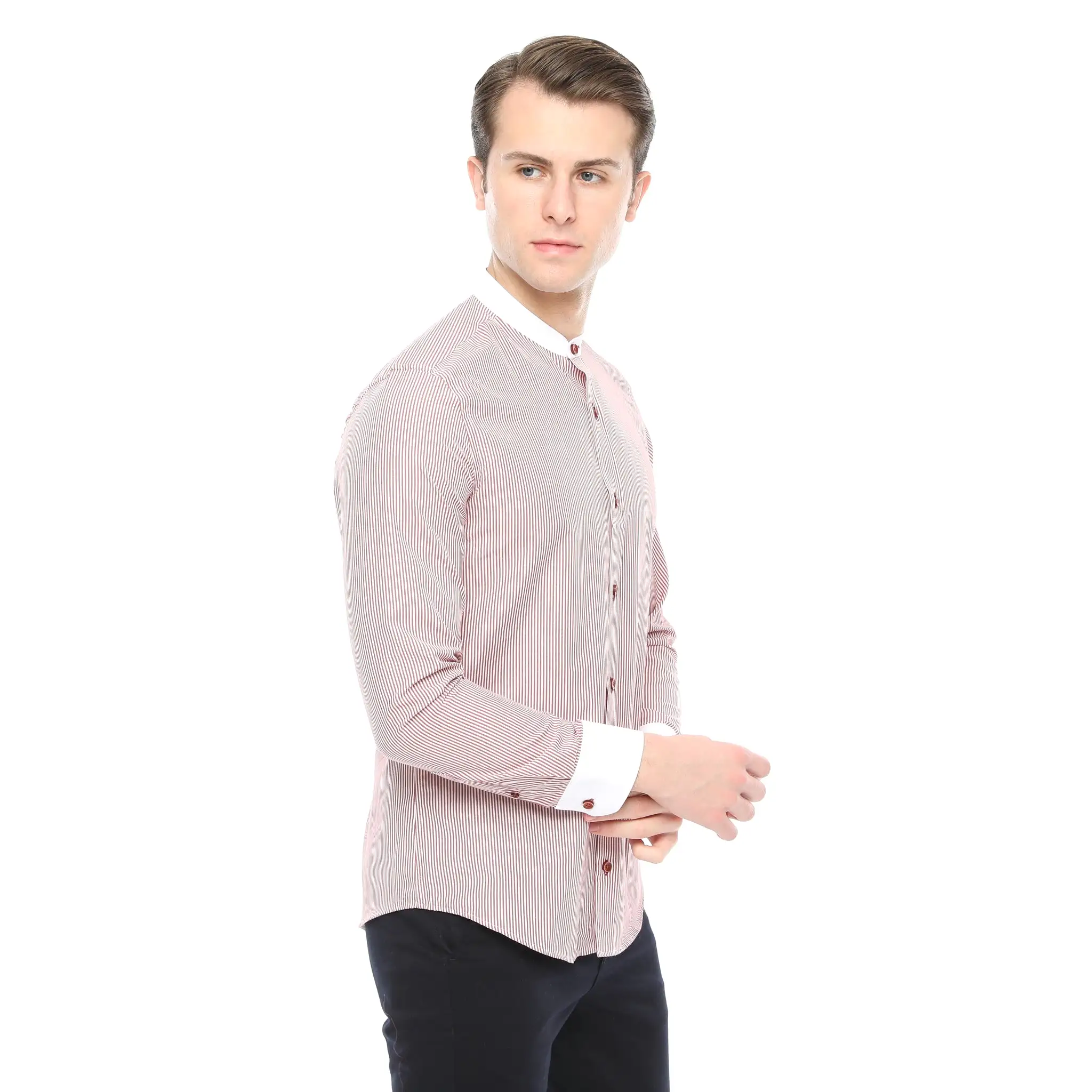 Xact Mens White Collar Striped Grandad Shirt - Long Sleeved