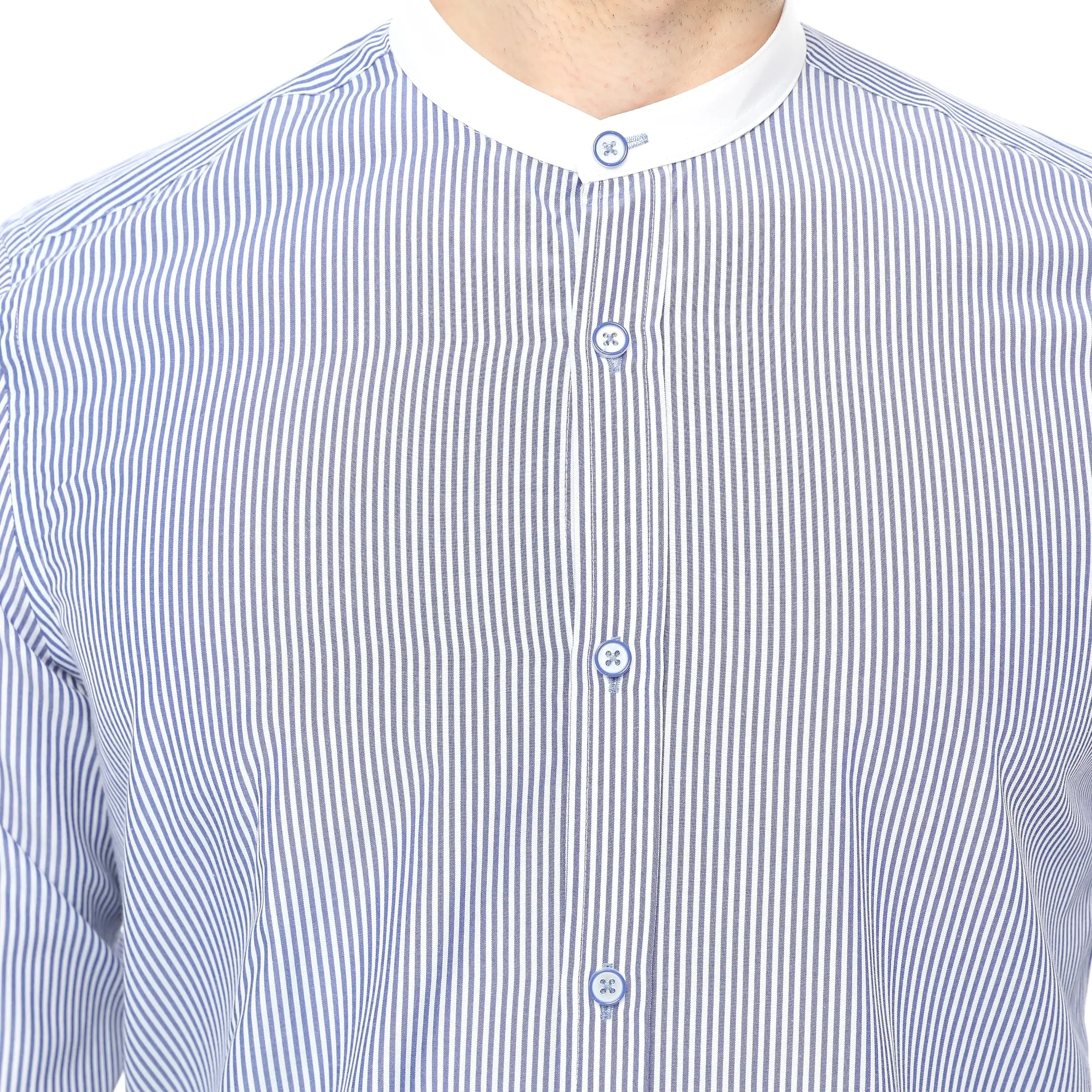 Xact Mens White Collar Striped Grandad Shirt - Long Sleeved