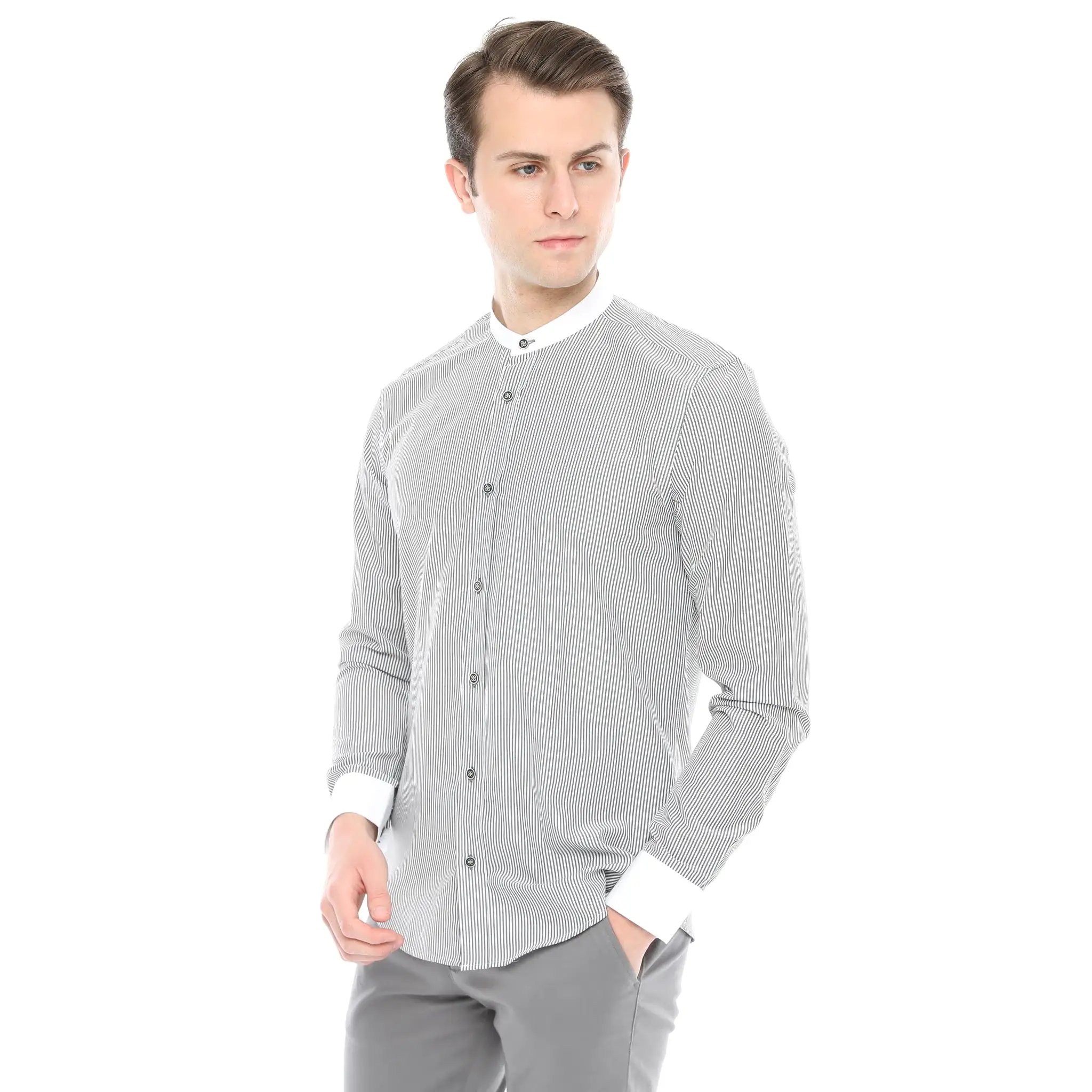 Xact Mens White Collar Striped Grandad Shirt - Long Sleeved